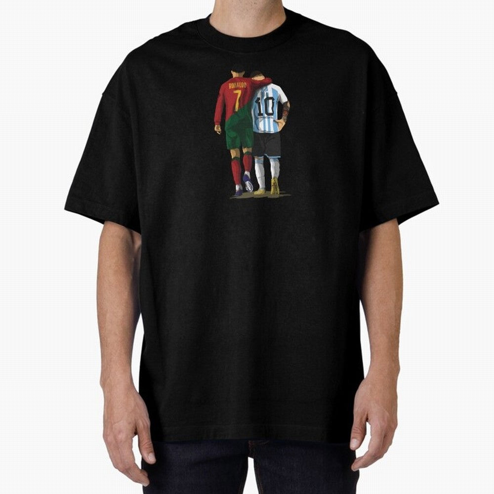 Messi Ronaldo Chit Chat Illustration Oversized T-Shirt Bring the FIFA World Cup 2026 Group Stage Journey through Mbappe Highlights, Spain Pride, Football Festival Excitement, Trophy Ambitions, Country Rivalries and Star Player Buzz; Created for