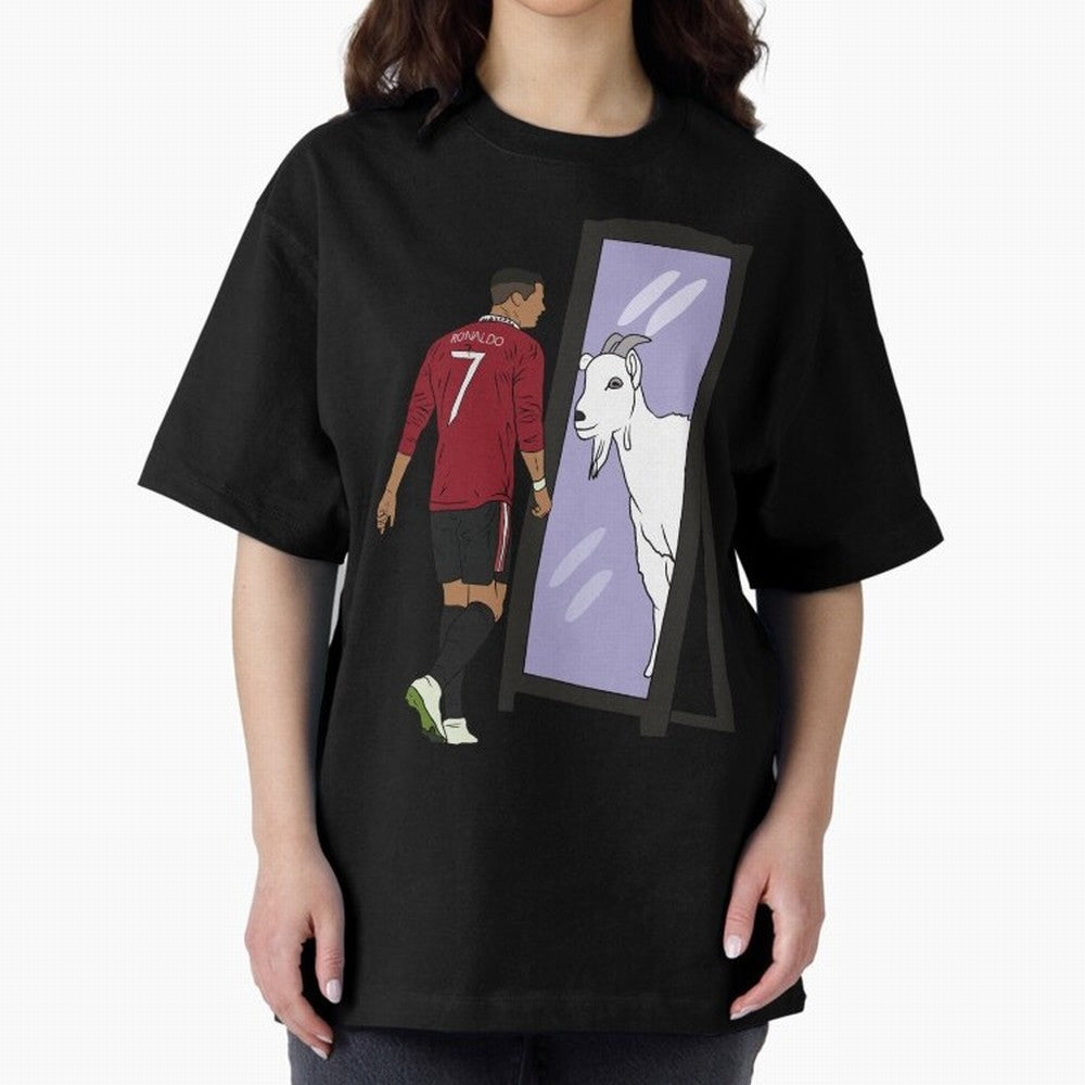 Cristiano Ronaldo Mirror GOAT Oversized T-Shirt Support the FIFA World Cup 2026 Journey through Haaland Highlights, Argentina, France and Brazil Pride, Championship Spirit, Famous Goals, Roaring Crowds and International Football Unity; Great for