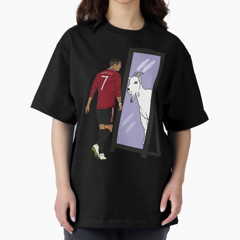 Cristiano Ronaldo Mirror GOAT Oversized T-Shirt Honor Football Greatness during FIFA World Cup 2026 Group Stage Spirit, Built around Brazil, Haaland and Mbappe, Championship Spirit, Famous Goals, Roaring Crowds and International Football Unity;