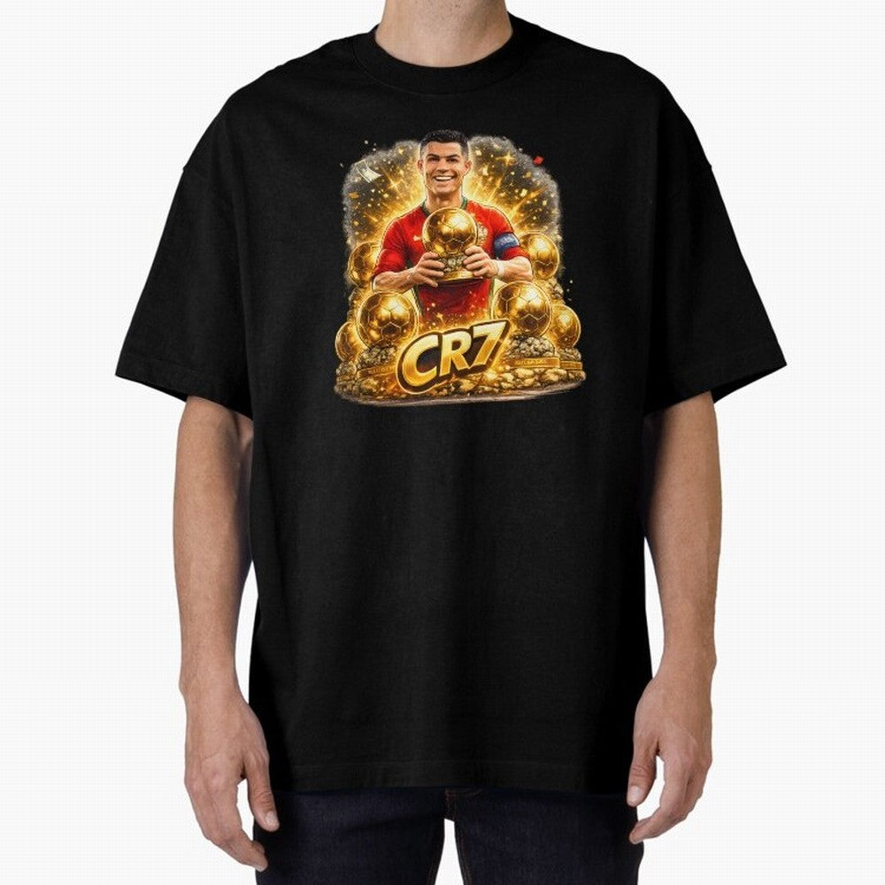 CR7 Five Ballon d'Or Trophies Cartoon ¨C Football Legend Illustration Oversized T-Shirt Celebrate Golden Goal Energy in Global Football Passion for FIFA World Cup 2026 USA Canada Mexico, Connected to Cristiano Ronaldo, Haaland and CR7, Brazil,