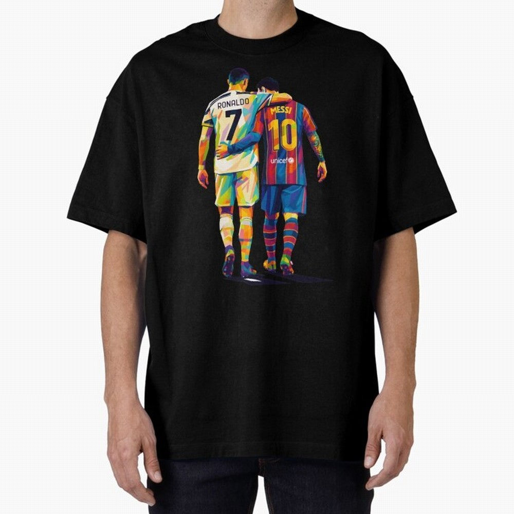 Cristiano Ronaldo and Messi Wpap Art Oversized T-Shirt Upgrade Match Day Hype around FIFA World Cup 2026, Mbappe and Neymar, Argentina, Retro Football Energy, Iconic Rivalries, Trophy Chase Drama and Stadium Atmosphere; Ideal for Football Dads,
