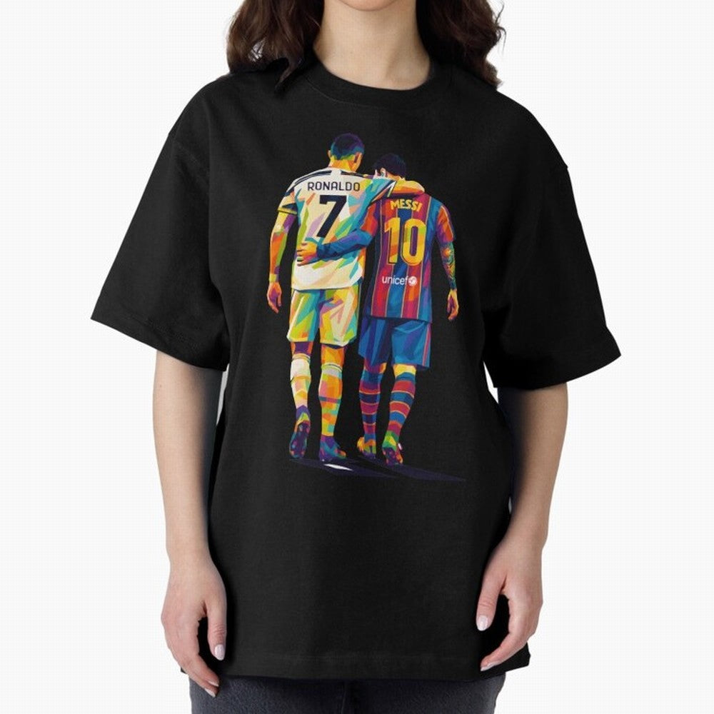 Cristiano Ronaldo and Messi Wpap Art Oversized T-Shirt Upgrade Match Day Hype around FIFA World Cup 2026, Mbappe and Neymar, Argentina, Retro Football Energy, Iconic Rivalries, Trophy Chase Drama and Stadium Atmosphere; Ideal for Football Dads,