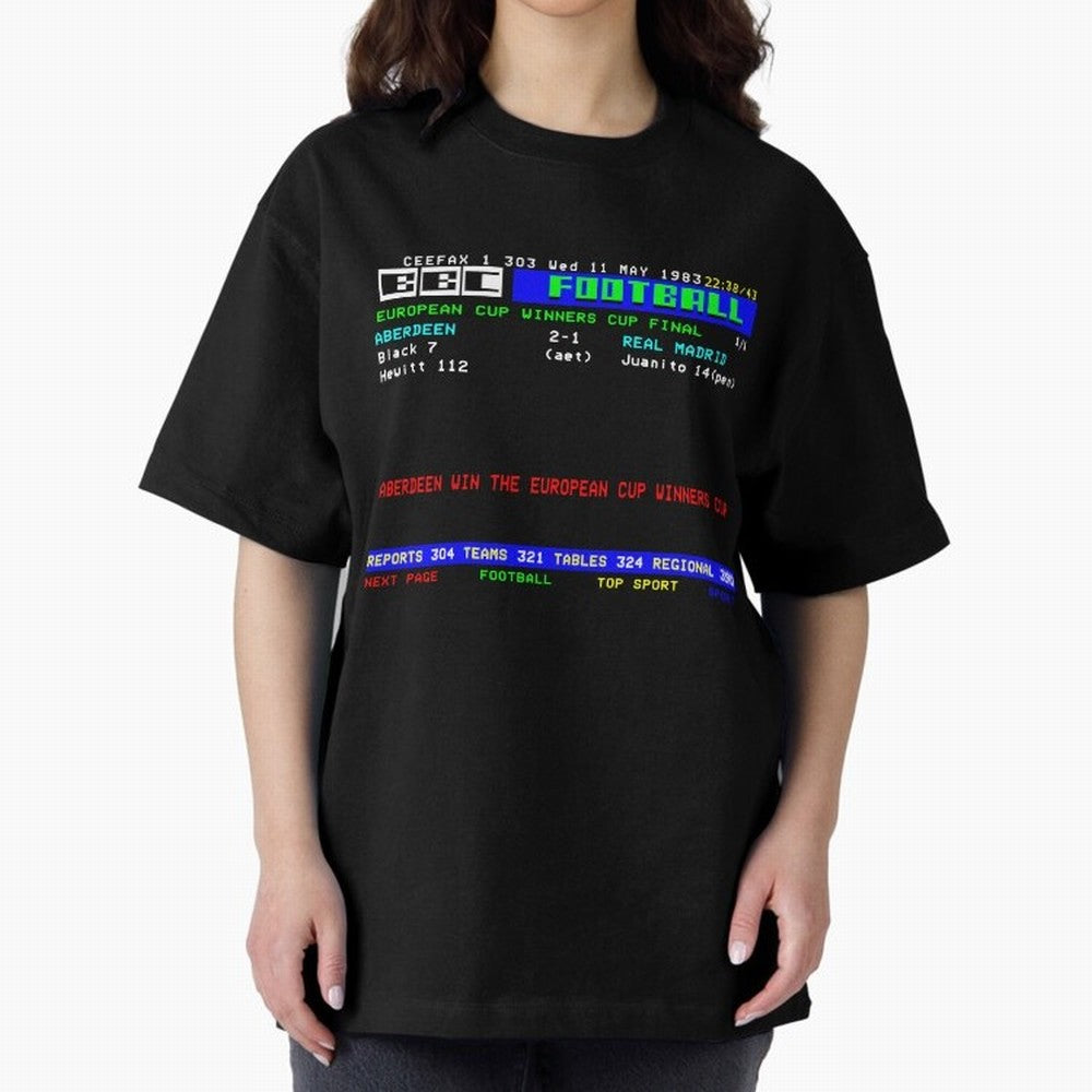 Aberdeen Cup Winners Cup Final 1983 CEEFAX Oversized T-Shirt Cheer for Global Football Passion for FIFA World Cup 2026, Centered on Neymar, Haaland and Cristiano Ronaldo, Argentina and Brazil, Match Day Excitement, Supporter Culture, Golden Goals