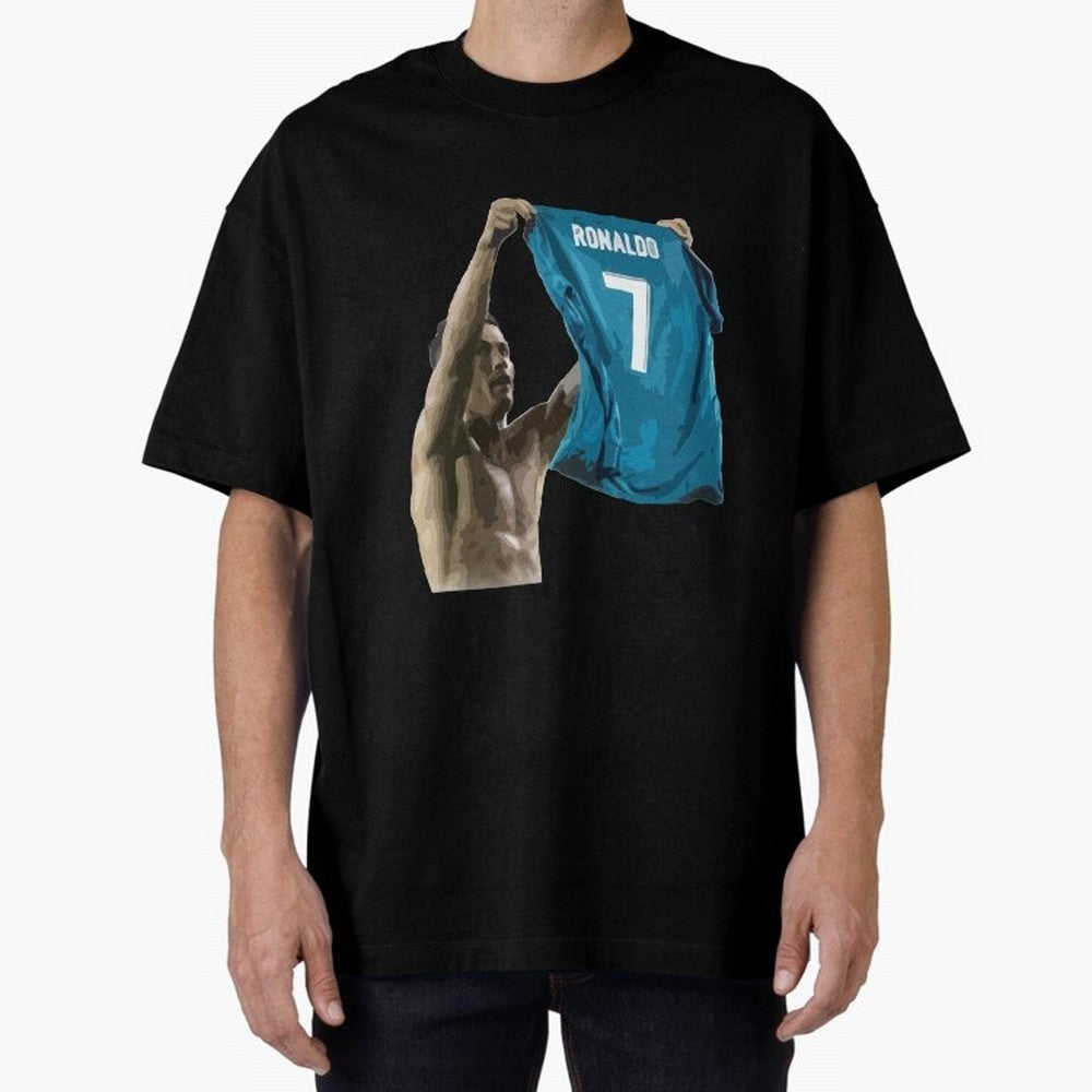 Cristiano Ronaldo celebration goal against Barcelona Oversized T-Shirt Celebrate Football Heritage in Global Football Passion for FIFA World Cup 2026 Group Stage, Celebrating Haaland and Mbappe, England, France and Netherlands, Vintage Soccer