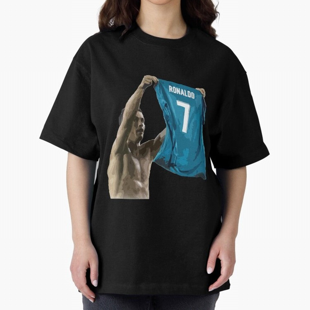 Cristiano Ronaldo celebration goal against Barcelona Oversized T-Shirt Celebrate Football Heritage in Global Football Passion for FIFA World Cup 2026 Group Stage, Celebrating Haaland and Mbappe, England, France and Netherlands, Vintage Soccer