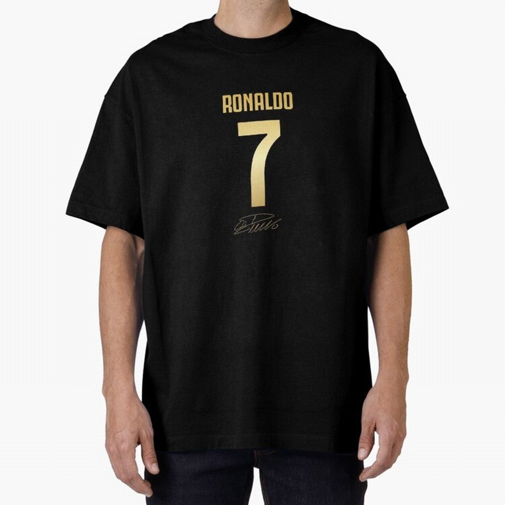 CR7 Cristiano Ronaldo Black And Gold Luxury Drawstring Bag Oversized T-Shirt Join the Countdown to Global Football Passion for FIFA World Cup 2026 USA Canada Mexico, Celebrating Messi, CR7 and Mbappe, England, Supporter Pride, Iconic Celebrations,