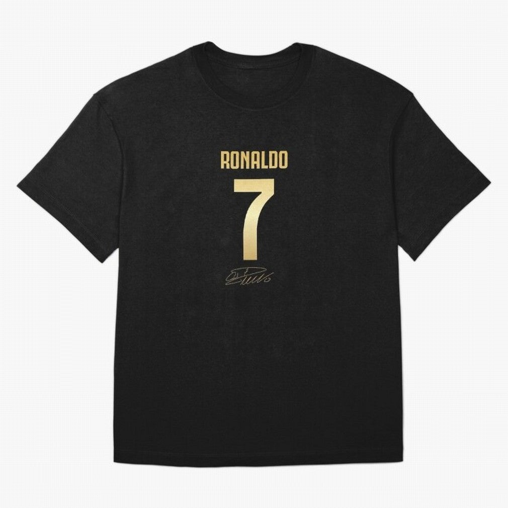 CR7 Cristiano Ronaldo Black And Gold Luxury Drawstring Bag Oversized T-Shirt Join the Countdown to Global Football Passion for FIFA World Cup 2026 USA Canada Mexico, Celebrating Messi, CR7 and Mbappe, England, Supporter Pride, Iconic Celebrations,