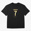 CR7 Cristiano Ronaldo Black And Gold Luxury Drawstring Bag Oversized T-Shirt Join the Countdown to Global Football Passion for FIFA World Cup 2026 USA Canada Mexico, Celebrating Messi, CR7 and Mbappe, England, Supporter Pride, Iconic Celebrations,