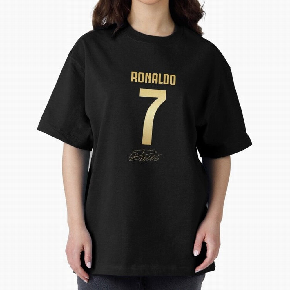 CR7 Cristiano Ronaldo Black And Gold Luxury Drawstring Bag Oversized T-Shirt Join the Countdown to Global Football Passion for FIFA World Cup 2026 USA Canada Mexico, Celebrating Messi, CR7 and Mbappe, England, Supporter Pride, Iconic Celebrations,
