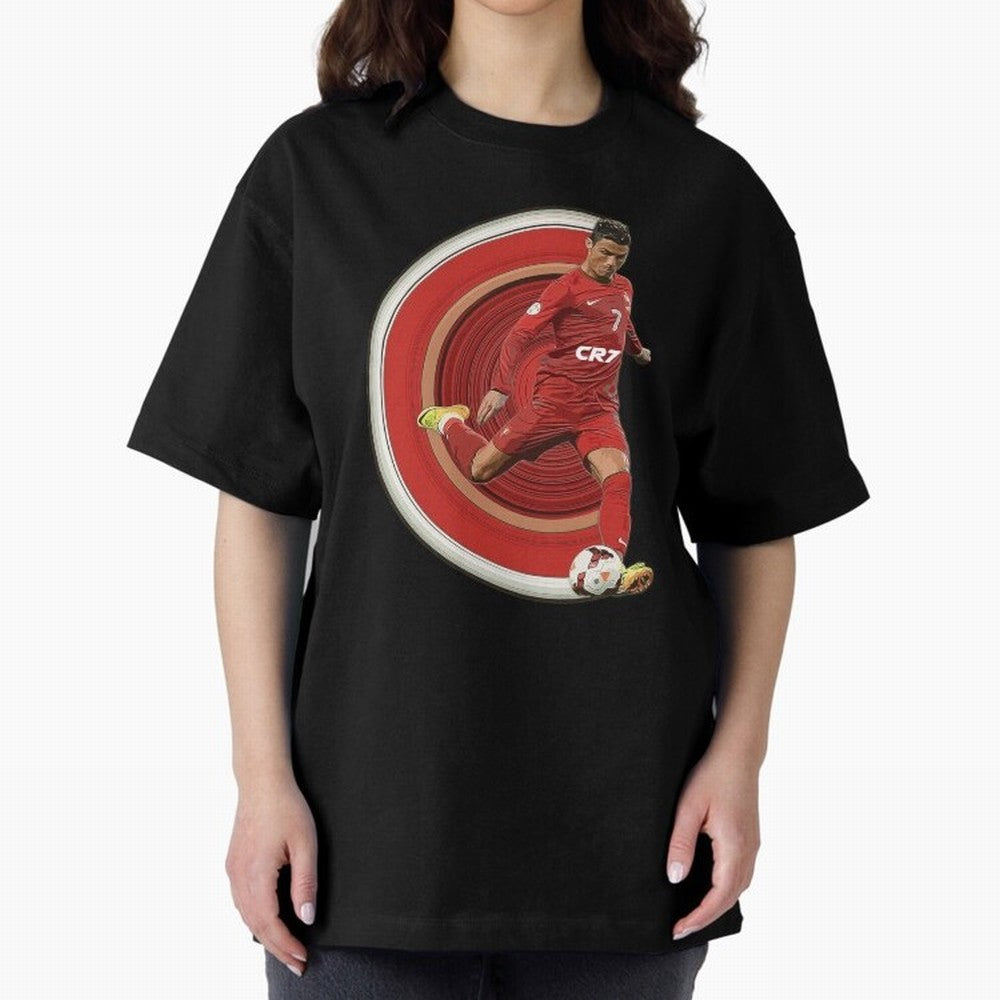 Cristiano Ronaldo Circular Pixel Art Oversized T-Shirt Honor the Beautiful Game during Match Day Hype around FIFA World Cup 2026 USA Canada Mexico, Cristiano Ronaldo, Haaland and CR7, England and Germany, Football Festival Excitement, Trophy