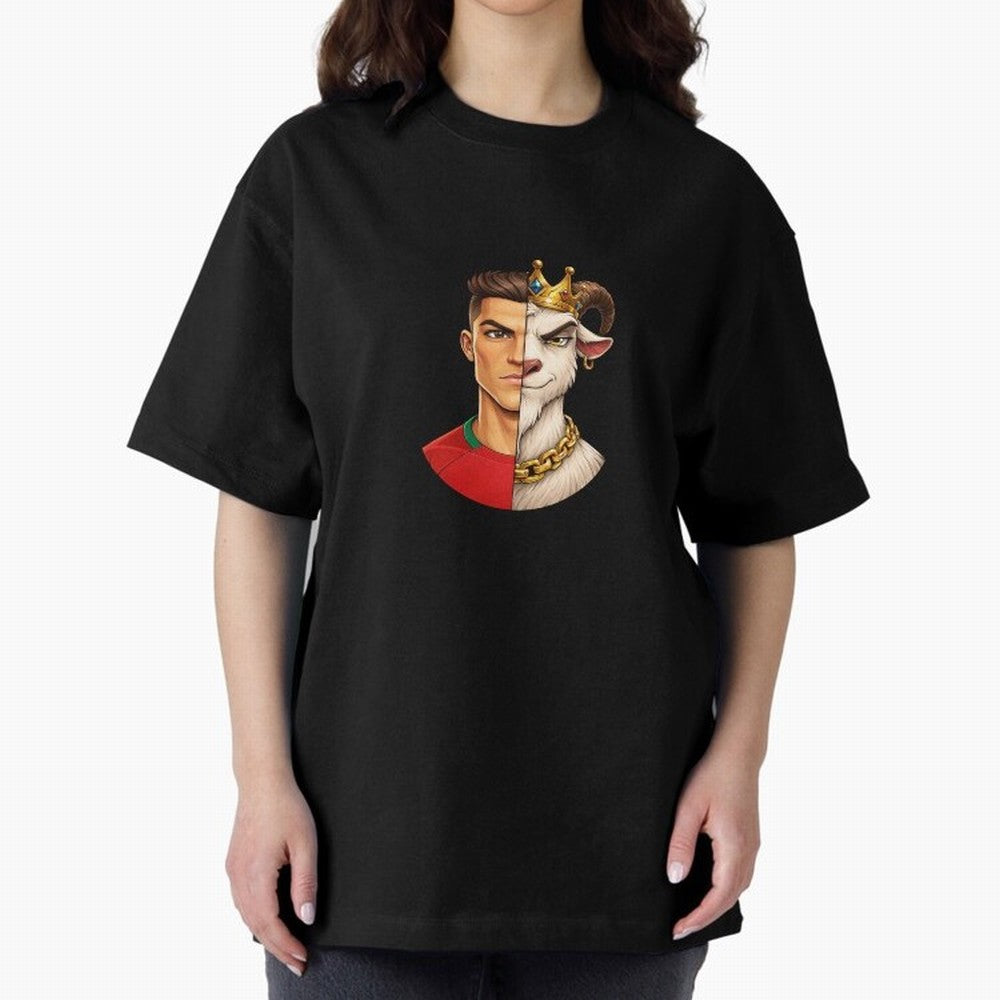 Half Man Half Goat - Cristiano Ronaldo Oversized T-Shirt Carry the Dream of Global Football Passion for FIFA World Cup 2026 Group Stage, Celebrating CR7 and Messi, France and Portugal, Global Supporter Spirit, Legendary Goals, National Colors and