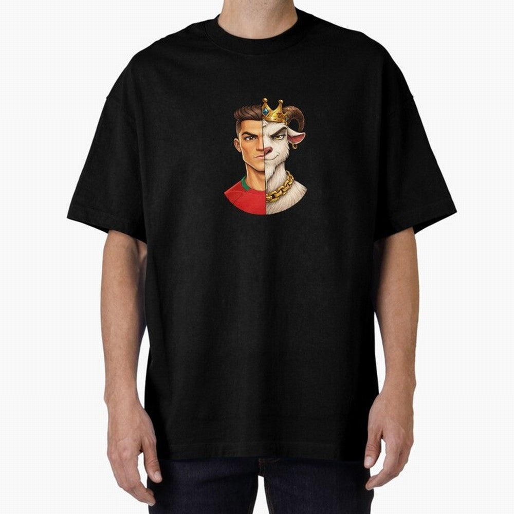 Half Man Half Goat - Cristiano Ronaldo Oversized T-Shirt Carry the Dream of Global Football Passion for FIFA World Cup 2026 Group Stage, Celebrating CR7 and Messi, France and Portugal, Global Supporter Spirit, Legendary Goals, National Colors and