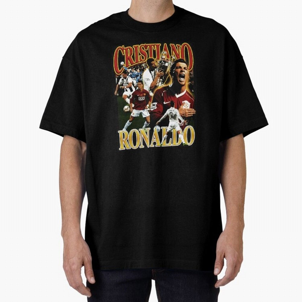 Cristiano Ronaldo Retro Collage Oversized T-Shirt Celebrate Supporters United by FIFA World Cup 2026 USA Canada Mexico for Fans of CR7 and England, France and Netherlands, Bringing Soccer Culture, Superstar Moments, National Team Dreams and
