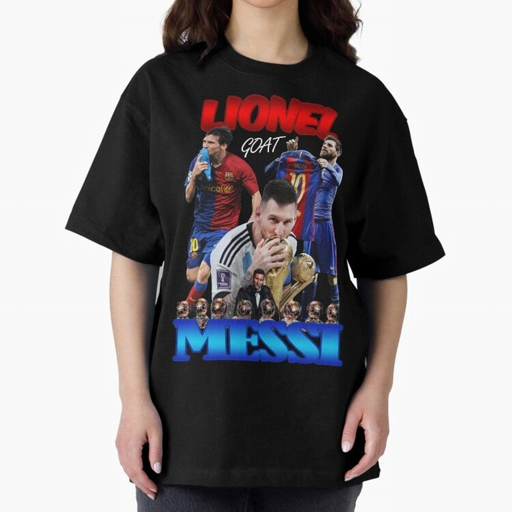Lionel Messi GOAT: Barcelona & Argentina Oversized T-Shirt Celebrate Rivalries and Pride in FIFA World Cup 2026 Centered on Cristiano Ronaldo, Argentina Energy, Football Festival Excitement, Trophy Ambitions, Country Rivalries and Star Player Buzz;