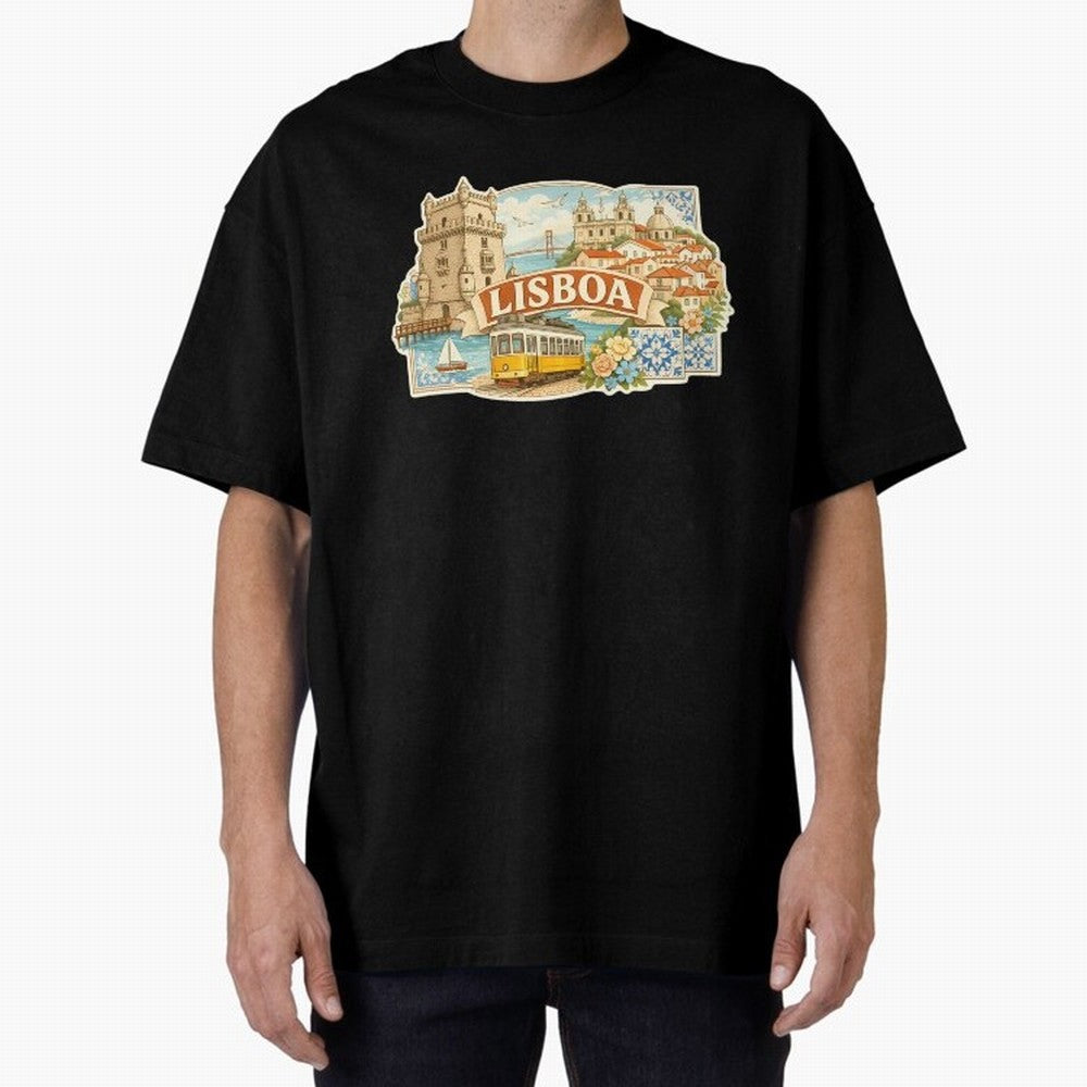 Vintage Tram Lisbon Illustration Oversized T-Shirt Share the Excitement of FIFA World Cup 2026 USA Canada Mexico Spirit, Centered on Spain, Cristiano Ronaldo, Haaland and CR7, Stadium Memories, Football Loyalty, International Chants and