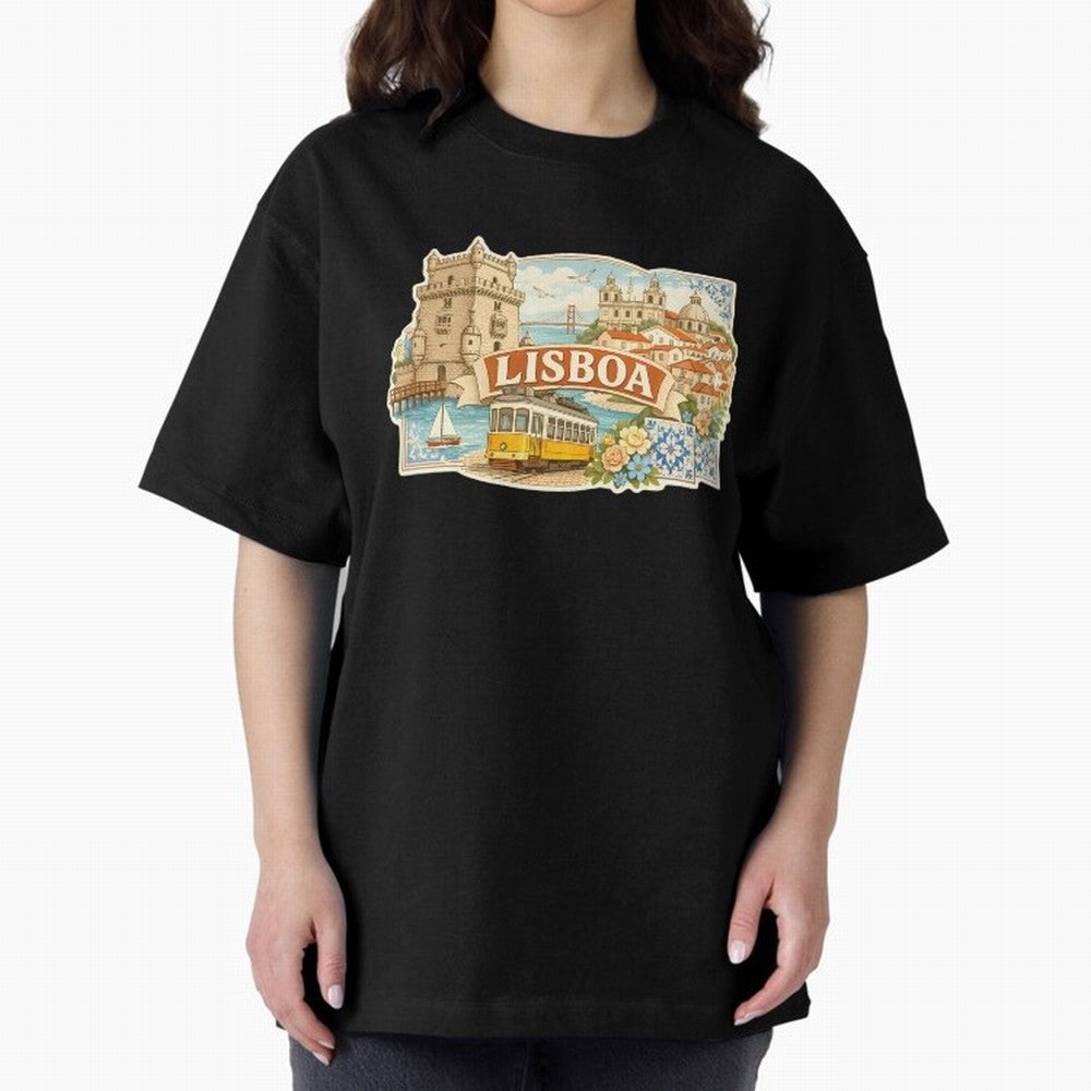 Vintage Tram Lisbon Illustration Oversized T-Shirt Share the Excitement of FIFA World Cup 2026 USA Canada Mexico Spirit, Centered on Spain, Cristiano Ronaldo, Haaland and CR7, Stadium Memories, Football Loyalty, International Chants and