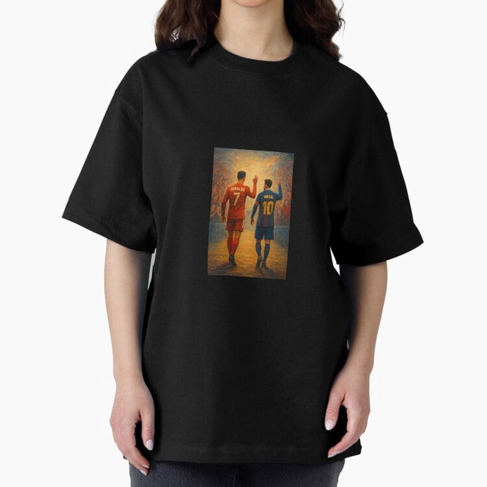 Cristiano Ronaldo and Messi Art Sticker Oversized T-Shirt Enjoy FIFA World Cup 2026 for Fans of Neymar, Haaland and Cristiano Ronaldo and Brazil, Bringing Retro Football Energy, Iconic Rivalries, Trophy Chase Drama and Stadium Atmosphere; Perfect