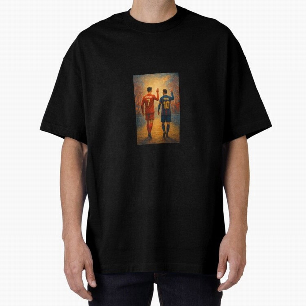 Cristiano Ronaldo and Messi Art Sticker Oversized T-Shirt Enjoy FIFA World Cup 2026 for Fans of Neymar, Haaland and Cristiano Ronaldo and Brazil, Bringing Retro Football Energy, Iconic Rivalries, Trophy Chase Drama and Stadium Atmosphere; Perfect