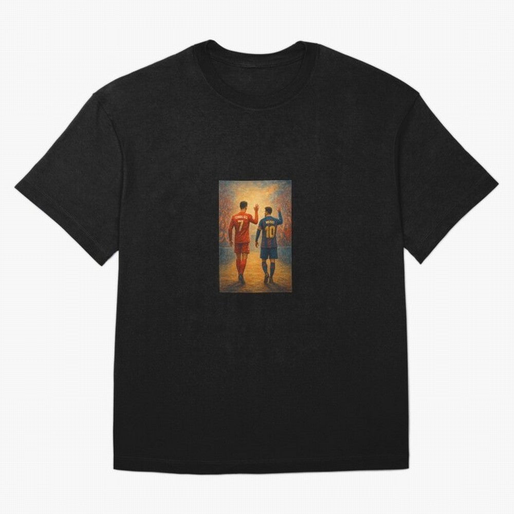 Cristiano Ronaldo and Messi Art Sticker Oversized T-Shirt Enjoy FIFA World Cup 2026 for Fans of Neymar, Haaland and Cristiano Ronaldo and Brazil, Bringing Retro Football Energy, Iconic Rivalries, Trophy Chase Drama and Stadium Atmosphere; Perfect