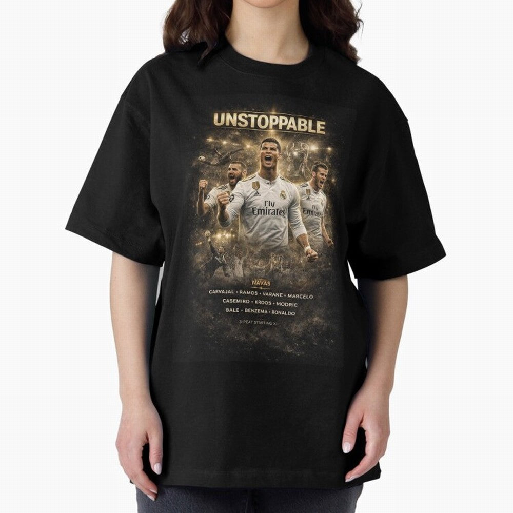 Unstoppable - Real Madrid Oversized T-Shirt Bring Home the FIFA World Cup 2026 Group Stage Journey through Neymar, Haaland and Cristiano Ronaldo Highlights, Portugal Pride, Tournament Hype, Historic Matchups, Family Viewing Parties and Global