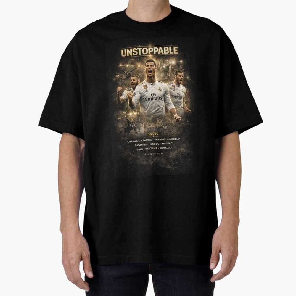 Unstoppable - Real Madrid Oversized T-Shirt Bring Home the FIFA World Cup 2026 Group Stage Journey through Neymar, Haaland and Cristiano Ronaldo Highlights, Portugal Pride, Tournament Hype, Historic Matchups, Family Viewing Parties and Global