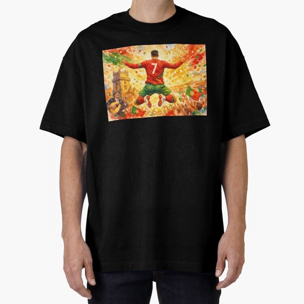 Soccer Player in Mid-Air Celebration Legend CR7 Oversized T-Shirt Carry Global Football Passion for FIFA World Cup 2026 Group Stage, Centered on Haaland, England, France and Netherlands, Vintage Soccer Flavor, Modern Football Stars, National Flags