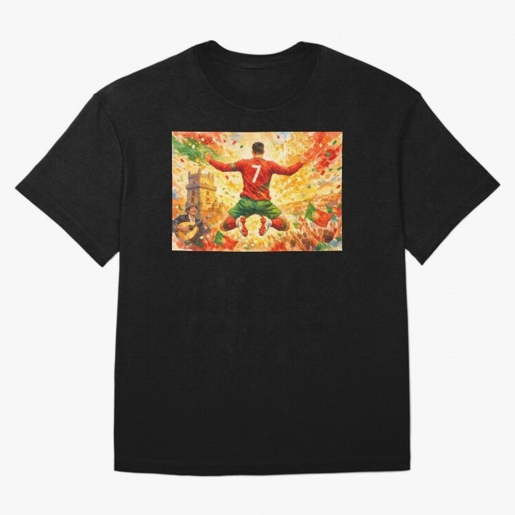 Soccer Player in Mid-Air Celebration Legend CR7 Oversized T-Shirt Carry Global Football Passion for FIFA World Cup 2026 Group Stage, Centered on Haaland, England, France and Netherlands, Vintage Soccer Flavor, Modern Football Stars, National Flags