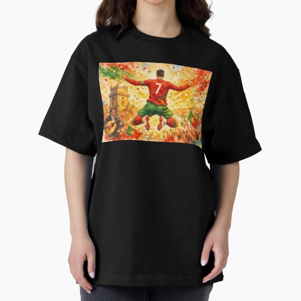 Soccer Player in Mid-Air Celebration Legend CR7 Oversized T-Shirt Carry Global Football Passion for FIFA World Cup 2026 Group Stage, Centered on Haaland, England, France and Netherlands, Vintage Soccer Flavor, Modern Football Stars, National Flags