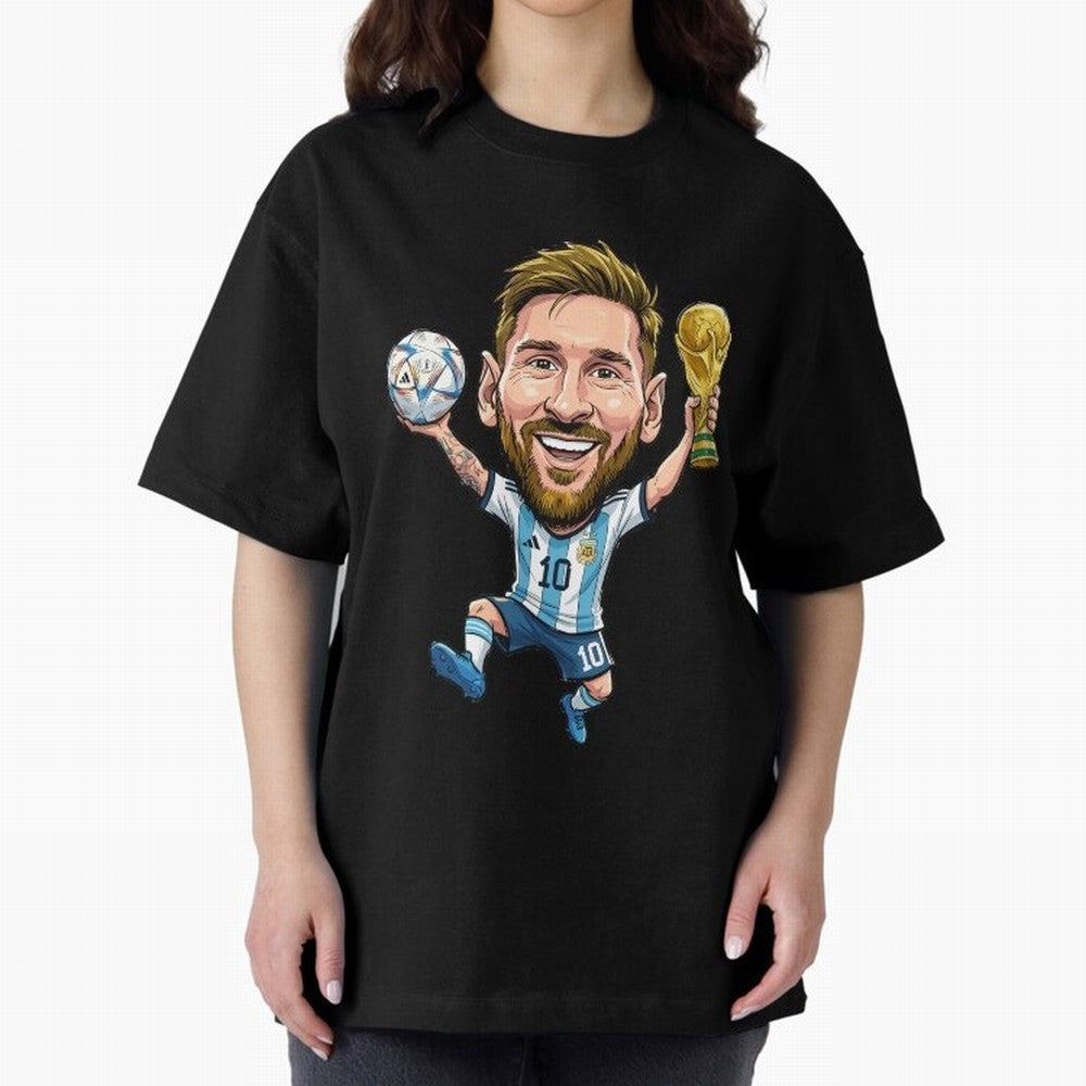 Messi Campion Caricatur Oversized T-Shirt Follow Every Goal of the FIFA World Cup 2026 Journey through Cristiano Ronaldo, Haaland and CR7 Highlights, Portugal, Spain and Germany Pride, Global Supporter Spirit, Legendary Goals, National Colors and