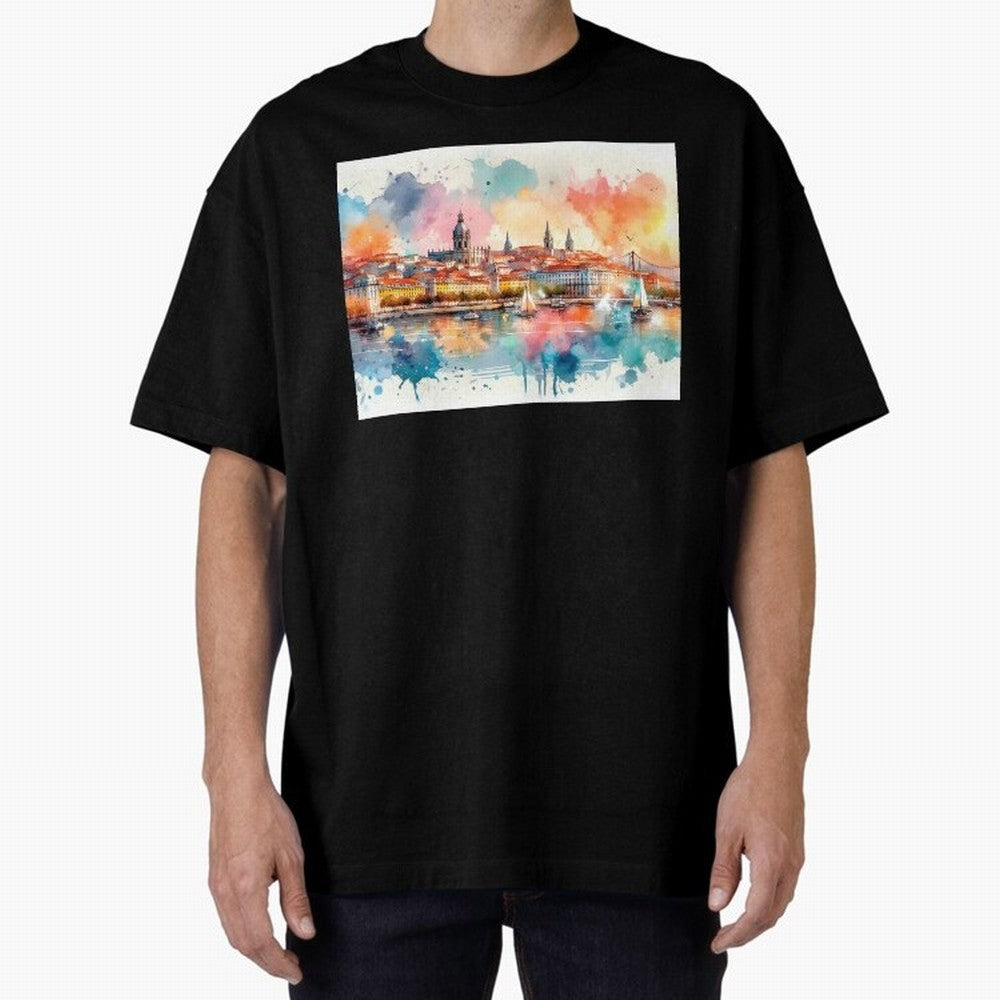Lisbon cityscape with sailboats Oversized T-Shirt Celebrate the Road through Global Football Passion for FIFA World Cup 2026 Group Stage, Capturing Neymar, Haaland and Cristiano Ronaldo, England and Germany, Football History, Final Match Energy,