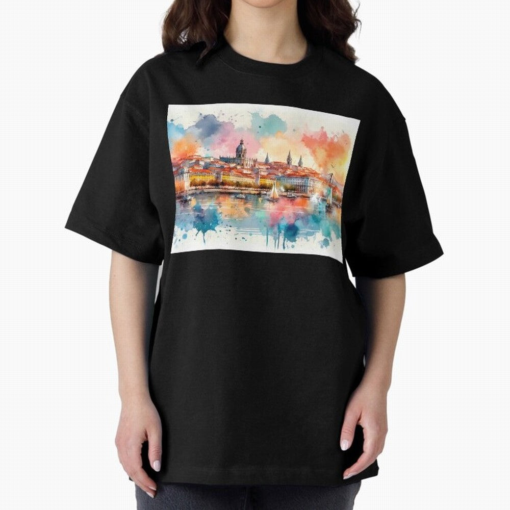 Lisbon cityscape with sailboats Oversized T-Shirt Celebrate the Road through Global Football Passion for FIFA World Cup 2026 Group Stage, Capturing Neymar, Haaland and Cristiano Ronaldo, England and Germany, Football History, Final Match Energy,
