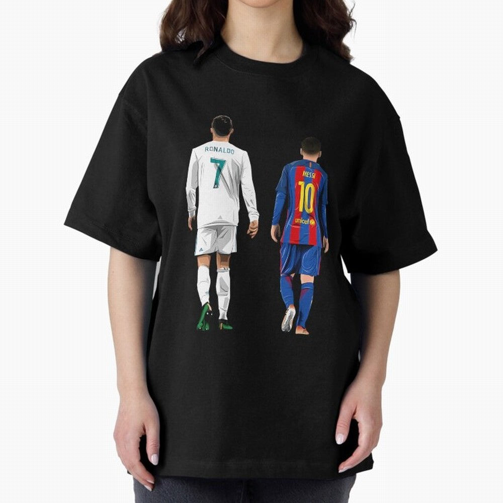 Cristiano Ronaldo And Messi Oversized T-Shirt Follow the Road to FIFA World Cup 2026 Spirit, Capturing Argentina and Brazil, Messi, Stadium Chants, National Pride, Trophy Dreams and Unforgettable Football Memories; Great for Watch Parties, Sports