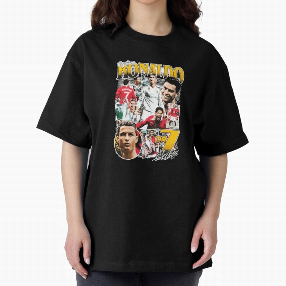 Cristiano Ronaldo Cr7 Collage Oversized T-Shirt Celebrate Football Heritage in Global Football Passion for FIFA World Cup 2026 Group Stage, Centered on CR7 and Messi, Argentina, France and Brazil, Football History, Final Match Energy, Crowd Noise