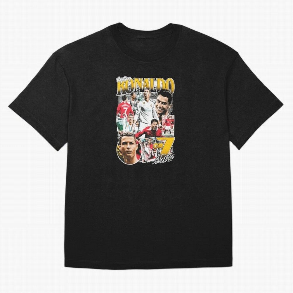 Cristiano Ronaldo Cr7 Collage Oversized T-Shirt Celebrate Football Heritage in Global Football Passion for FIFA World Cup 2026 Group Stage, Centered on CR7 and Messi, Argentina, France and Brazil, Football History, Final Match Energy, Crowd Noise