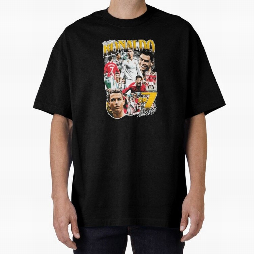 Cristiano Ronaldo Cr7 Collage Oversized T-Shirt Celebrate Football Heritage in Global Football Passion for FIFA World Cup 2026 Group Stage, Centered on CR7 and Messi, Argentina, France and Brazil, Football History, Final Match Energy, Crowd Noise