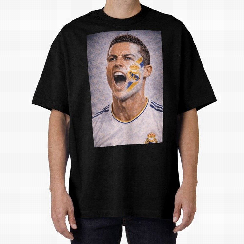 Cristiano Ronaldo ¡ª A Fan Portrait in Motion Oversized T-Shirt Celebrate Fan Culture around Match Day Hype around FIFA World Cup 2026 Group Stage, Messi, Neymar and Mbappe, Spain, Worldwide Fan Energy, Dramatic Goals, Stadium Lights and