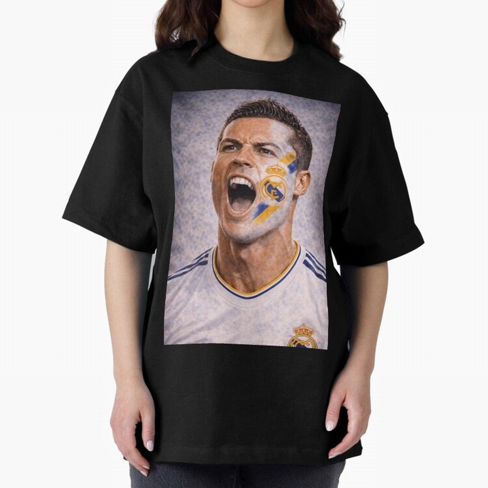 Cristiano Ronaldo ¡ª A Fan Portrait in Motion Oversized T-Shirt Celebrate Fan Culture around Match Day Hype around FIFA World Cup 2026 Group Stage, Messi, Neymar and Mbappe, Spain, Worldwide Fan Energy, Dramatic Goals, Stadium Lights and