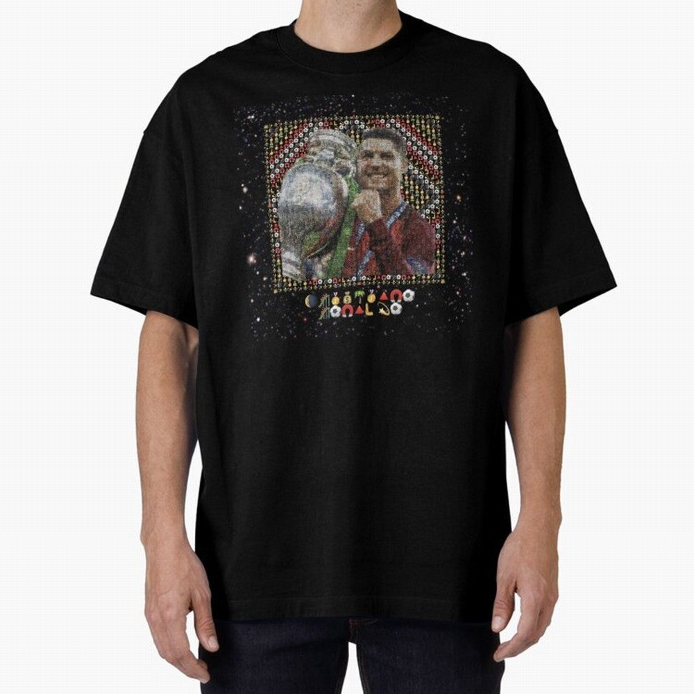 Cristiano Ronaldo Inspired Emoji Mosaic Art ¨C Football Champion Trophy Tribute Poster Oversized T-Shirt Show Support during FIFA World Cup 2026 Group Stage for Fans of Haaland and Mbappe and England, Bringing Fan Favorite Moments, National Team