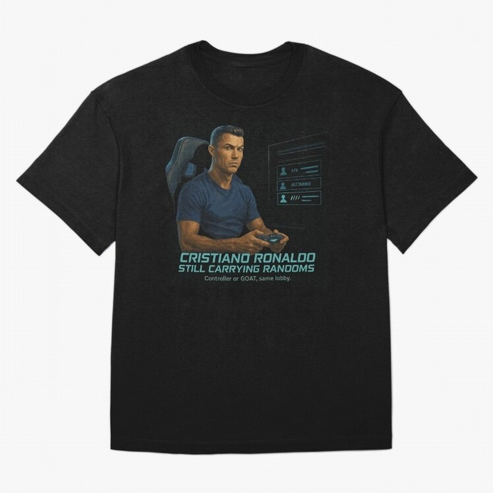 Cristiano Gamer Mode ¡ª Still Carrying Randoms Oversized T-Shirt Back the Journey through Global Football Passion for FIFA World Cup 2026 Group Stage, Centered on CR7, Argentina, France and Brazil, Goal Celebration Energy, Supporter Heritage,