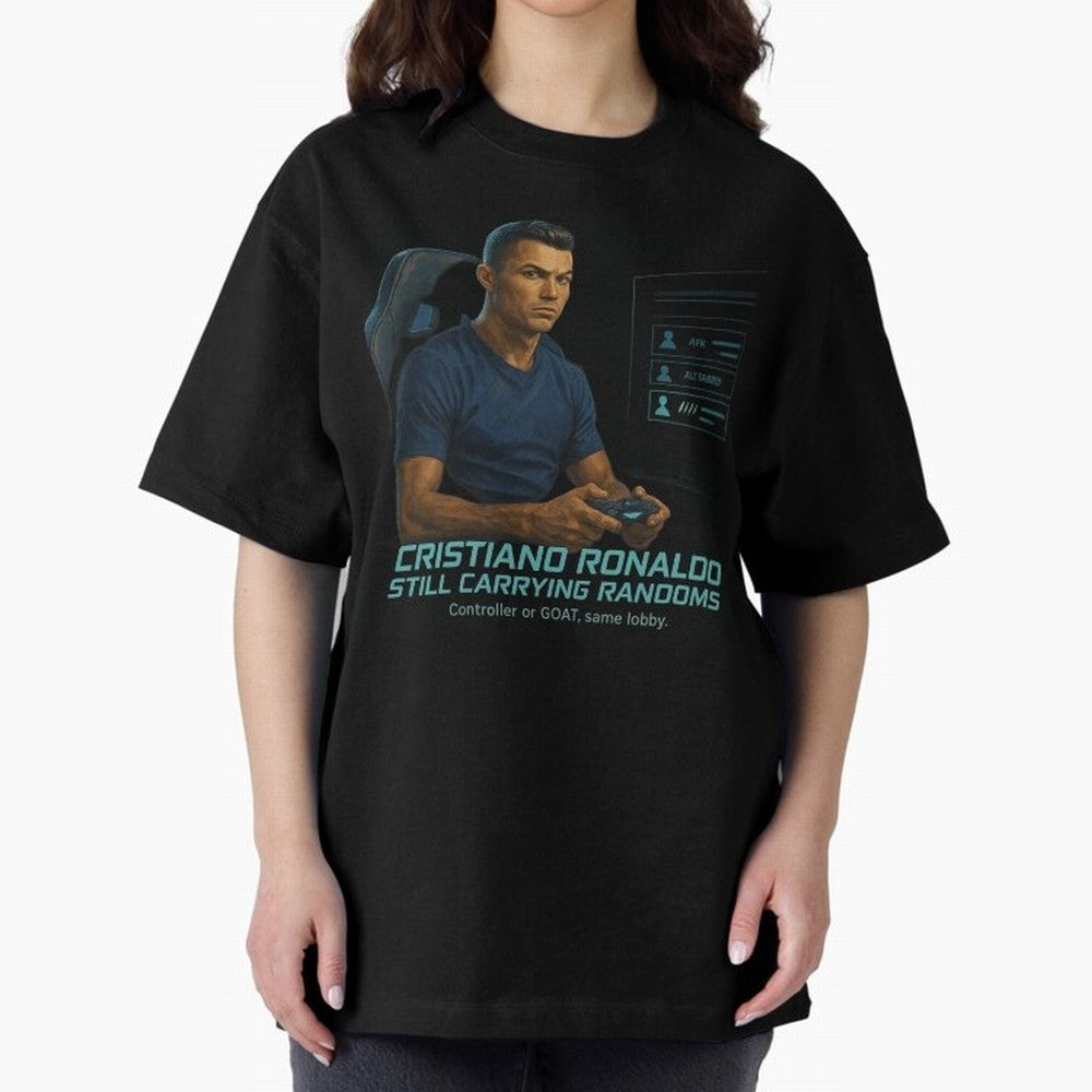 Cristiano Gamer Mode ¡ª Still Carrying Randoms Oversized T-Shirt Back the Journey through Global Football Passion for FIFA World Cup 2026 Group Stage, Centered on CR7, Argentina, France and Brazil, Goal Celebration Energy, Supporter Heritage,