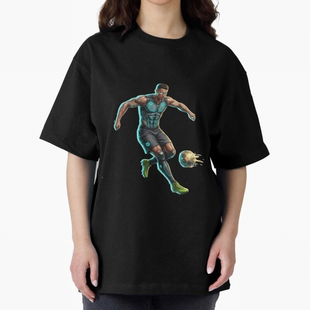 Cyberpunk Cristiano Ronaldo: Futuristic CR7 Kicking Glowing Soccer Ball Fan Art Oversized T-Shirt Support Your Favorite Stars during FIFA World Cup 2026 for Fans of CR7 and Messi and England, France and Netherlands, Bringing Soccer Culture,