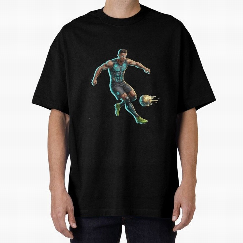 Cyberpunk Cristiano Ronaldo: Futuristic CR7 Kicking Glowing Soccer Ball Fan Art Oversized T-Shirt Support Your Favorite Stars during FIFA World Cup 2026 for Fans of CR7 and Messi and England, France and Netherlands, Bringing Soccer Culture,