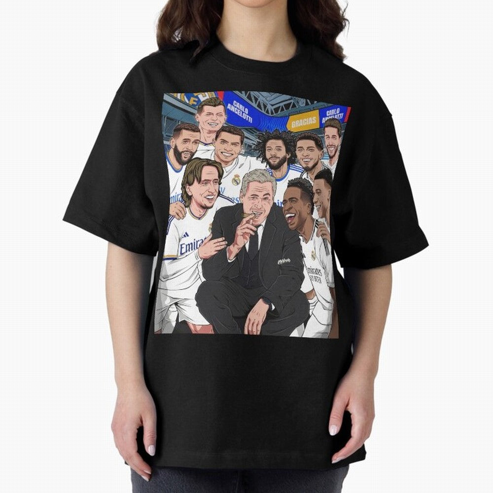Carlo Ancelotti and Real Madrid Players Oversized T-Shirt Show Passion for the Stars of FIFA World Cup 2026 Group Stage Celebrating CR7, Argentina Energy, Worldwide Fan Energy, Dramatic Goals, Stadium Lights and Championship Celebrations; Ideal for