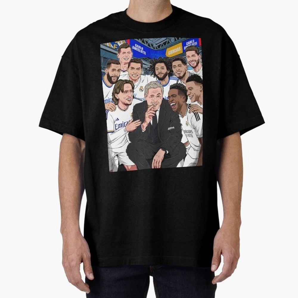 Carlo Ancelotti and Real Madrid Players Oversized T-Shirt Show Passion for the Stars of FIFA World Cup 2026 Group Stage Celebrating CR7, Argentina Energy, Worldwide Fan Energy, Dramatic Goals, Stadium Lights and Championship Celebrations; Ideal for