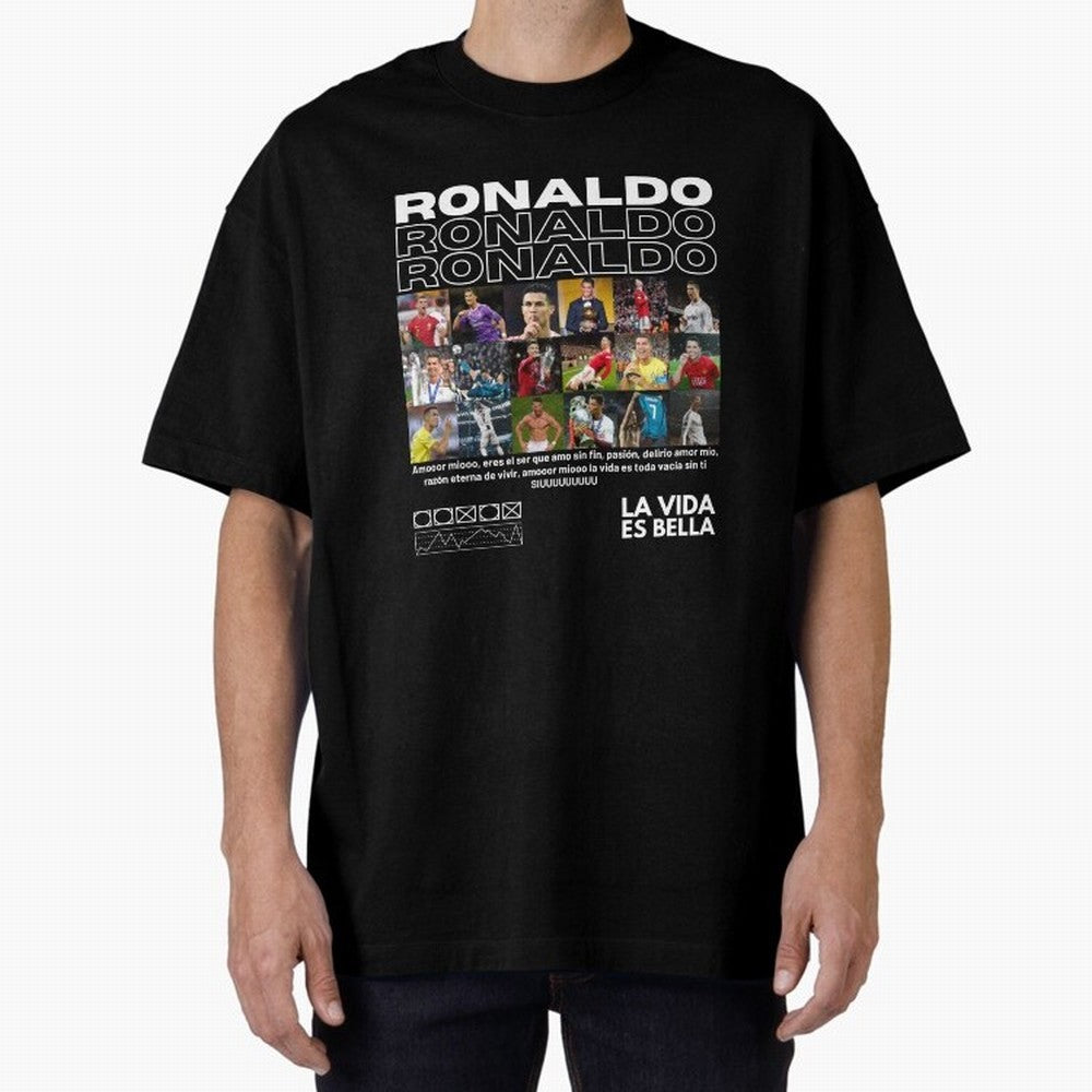 Cristiano Ronaldo CR7 Collage Oversized T-Shirt Cheer for FIFA World Cup 2026 Spirit, Highlighting England, Messi, CR7 and Mbappe, Championship Spirit, Famous Goals, Roaring Crowds and International Football Unity; Perfect for Supporters Who Want