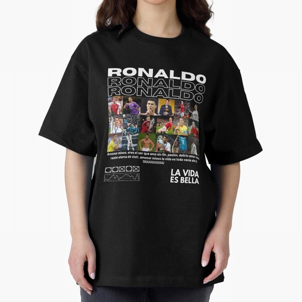 Cristiano Ronaldo CR7 Collage Oversized T-Shirt Cheer for FIFA World Cup 2026 Spirit, Highlighting England, Messi, CR7 and Mbappe, Championship Spirit, Famous Goals, Roaring Crowds and International Football Unity; Perfect for Supporters Who Want