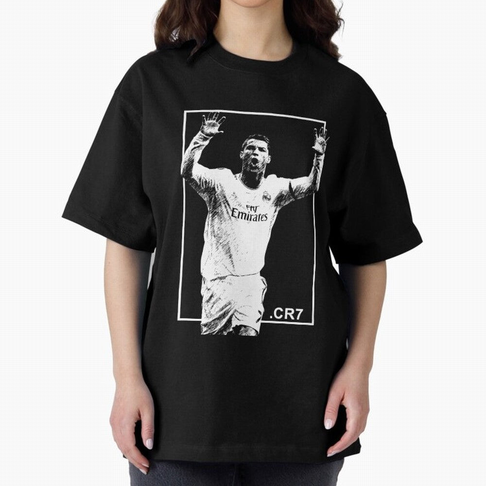 Cristiano Ronaldo CR7 in Black and White Design Oversized T-Shirt Feel the Trophy Chase of Match Day Hype around FIFA World Cup 2026, Neymar, Haaland and Cristiano Ronaldo, Brazil, Goal Celebration Energy, Supporter Heritage, Football Icons and