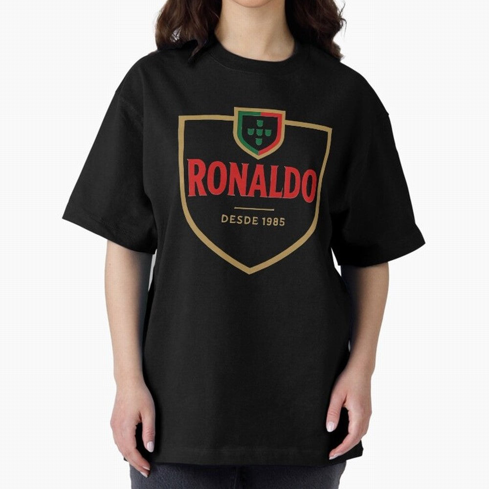 Ronaldo Emblem Sticker ¨C Gold Crest Parody Design Oversized T-Shirt Step into FIFA World Cup 2026 for Fans of Cristiano Ronaldo and France and Portugal, Bringing Retro Football Energy, Iconic Rivalries, Trophy Chase Drama and Stadium Atmosphere;