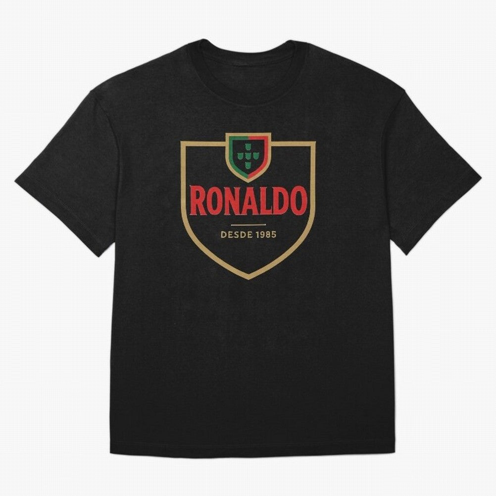 Ronaldo Emblem Sticker ¨C Gold Crest Parody Design Oversized T-Shirt Step into FIFA World Cup 2026 for Fans of Cristiano Ronaldo and France and Portugal, Bringing Retro Football Energy, Iconic Rivalries, Trophy Chase Drama and Stadium Atmosphere;