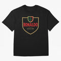 Ronaldo Emblem Sticker ¨C Gold Crest Parody Design Oversized T-Shirt Step into FIFA World Cup 2026 for Fans of Cristiano Ronaldo and France and Portugal, Bringing Retro Football Energy, Iconic Rivalries, Trophy Chase Drama and Stadium Atmosphere;